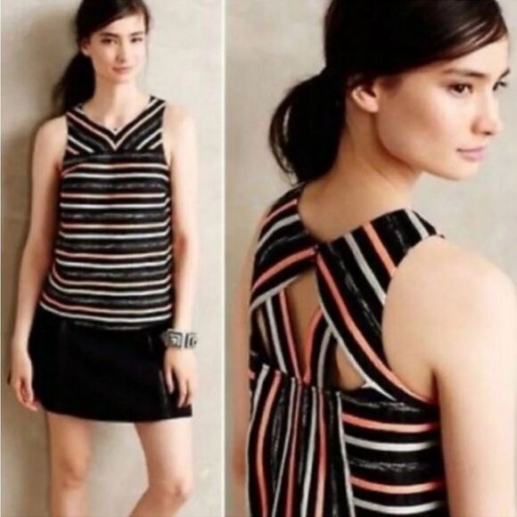 HD in Paris Anthropologie Ribbon Stripe Tank Top Sz 4 Black Orange A-Line - Picture 9 of 9